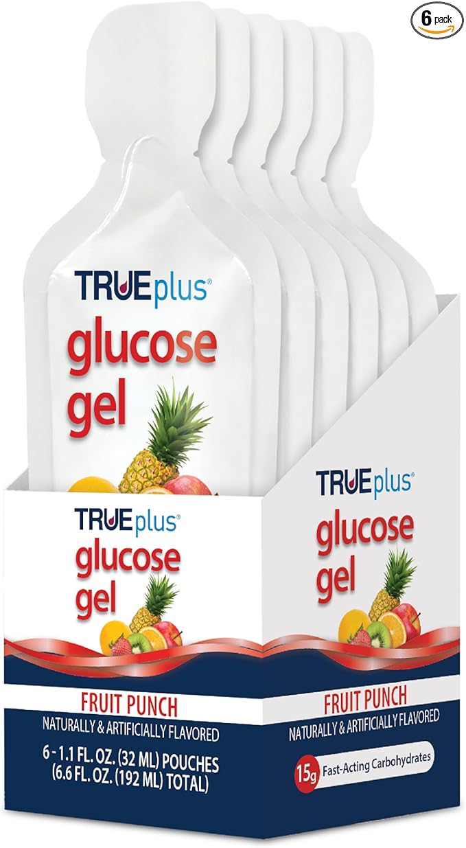 TRUEplus Glucose Gel Pouch, Fruit Punch Flavor, 15g Fast-Acting Carbohydrates, Fat Free, Gluten Free, Quick Support for Low Blood Sugar and Energy, 6 Pack