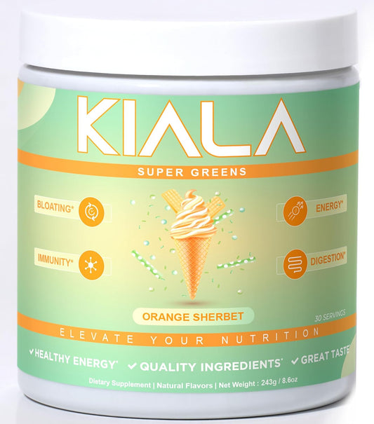 Kiala Nutrition Super Greens, Organic Greens Powder with Spirulina & Chlorella for Digestion, Gut Health, Immunity, Energy, Gluten Free, Vegan, Sugar Free, Spectra Blend, Orange Sherbet, 30 Servings