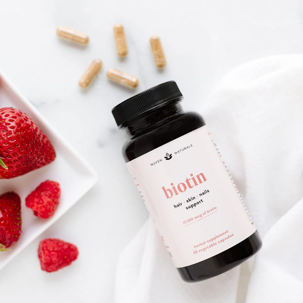 Hair Vitamins - Biotin 10000 mcg with Vitamin A, E, C, D & Adaptogens to Support Hair, Skin & Nails - Biotin Supplement for Health & Growth | Vegan, Non-GMO, Gluten Free | 60 Capsules & 30 Servings