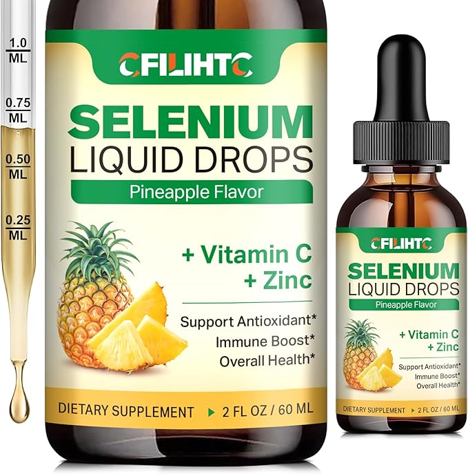Selenium Liquid Drops, 200mcg Liquid Selenium Supplement with Vitamin C & Zinc, Support for Immune System, Antioxidant & Heart Health, High Absorption, Pineapple Flavor, 2 Fl Oz