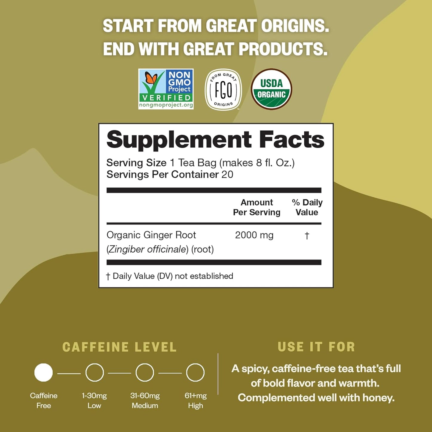 FGO Organic Ginger Tea, 100 Count, Eco-Conscious Tea Bags, Caffeine Free, Packaging May Vary (Pack of 1)