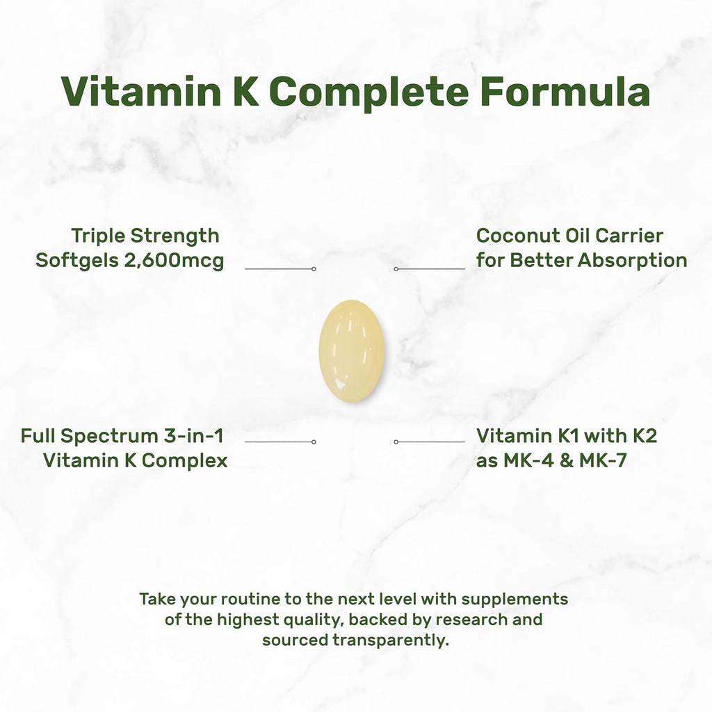 DEAL SUPPLEMENT Vitamin K Complete - 240 Coconut Oil Softgels | High Potency Vitamin K2 (MK-7 and MK-4) & K1 | Full Spectrum Triple Vitamin Ｋ | Bone, Joint, & Immune Support – Non-GMO