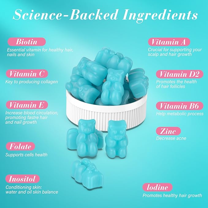 Biotin Gummies -Hair Skin and Nails Vitamins for Men & Women, Vegan Vitamin B7, Supports Hair Growth and Stronger Nails,90 Day Supply - Blueberry-3 Pack