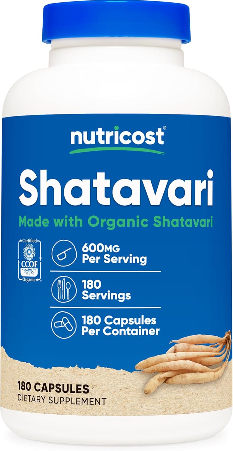 Nutricost Shatavari 600mg, 180 Capsules, 180 Servings - CCOF Certified Made with Organic Shatavari, Non-GMO, Gluten Free, Vegetarian Friendly