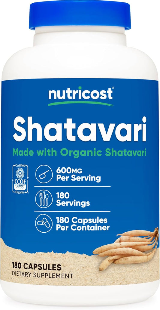 Nutricost Shatavari 600mg, 180 Capsules, 180 Servings - CCOF Certified Made with Organic Shatavari, Non-GMO, Gluten Free, Vegetarian Friendly