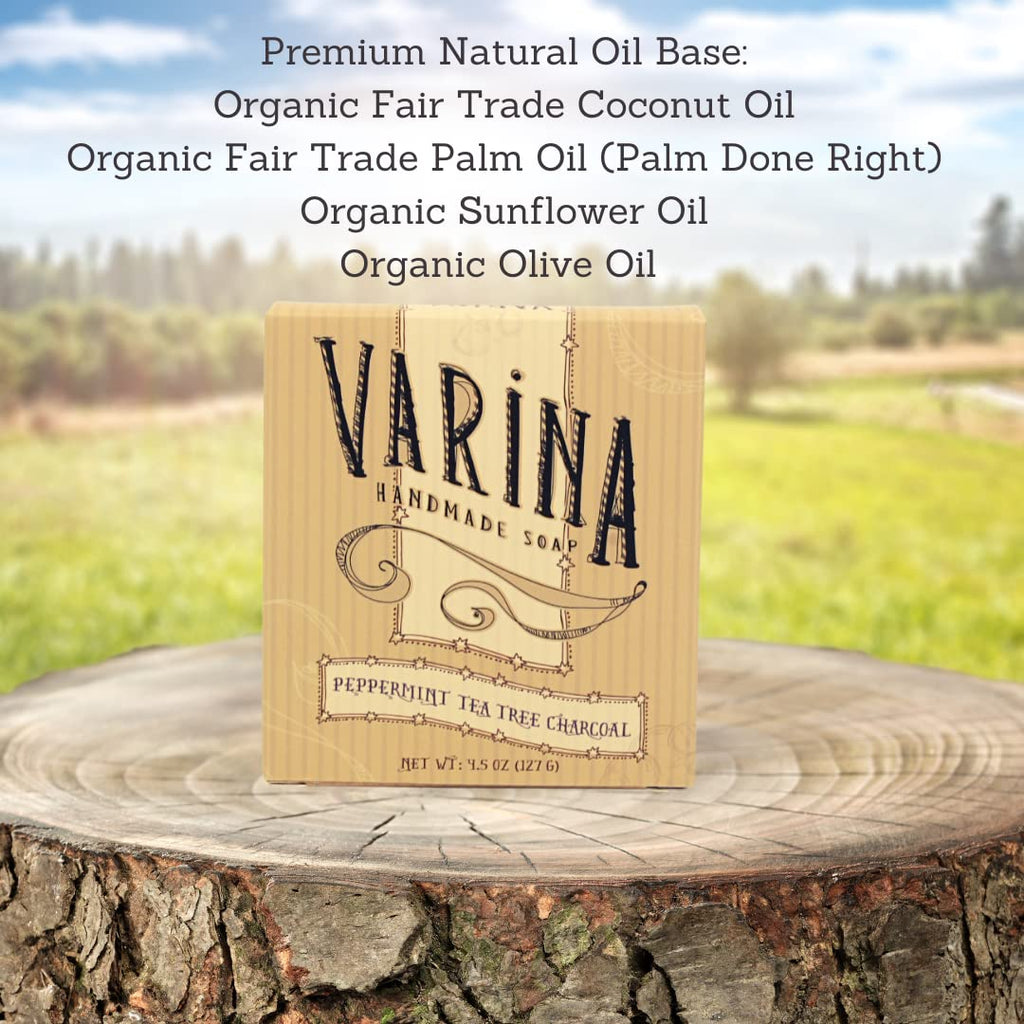 Varina Organic Peppermint Tea Tree Activated Charcoal Bar Soap - Gentle Cleansing for Sensitive Skin, Herbal and Mint - 3 Pack - Experience Healthy and Glowing Skin