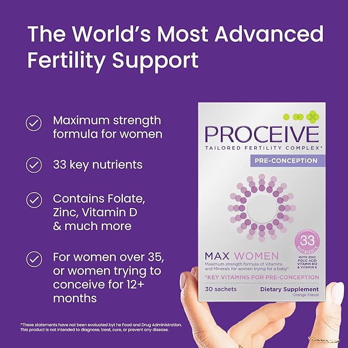 Proceive Max Tailored Fertility Supplement for Women, Pre Conception Vitamins, Minerals, and Amino Acids with Vitamin D, Zinc, Myo Inositol, and Folate, 30 Vegan Drink Mix Packets, Orange Flavor