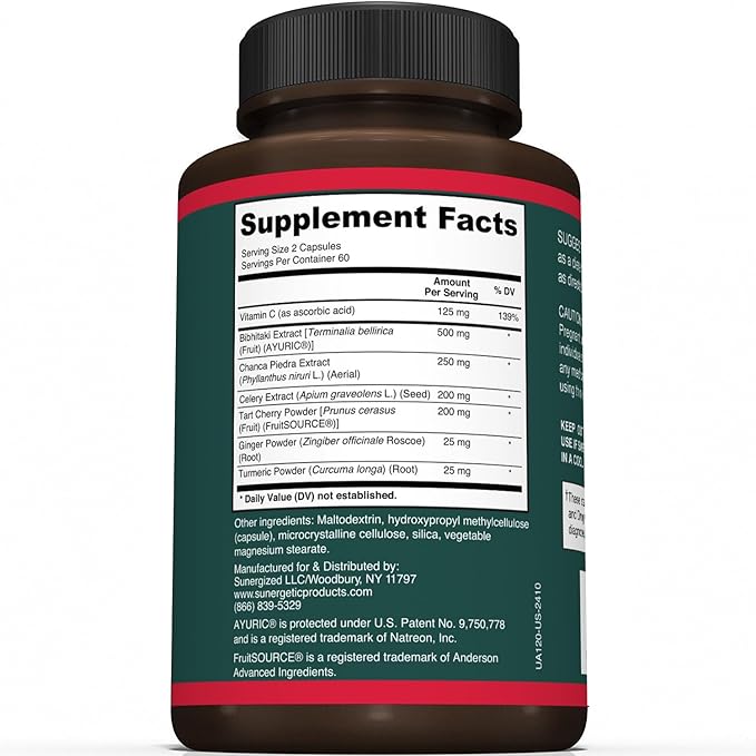 Sunergetic Premium Uric Acid Support Supplement – Uric Acid Cleanse & Kidney Support – Includes Tart Cherry, Chanca Piedra, Celery Extract & Turmeric - 120 Capsules
