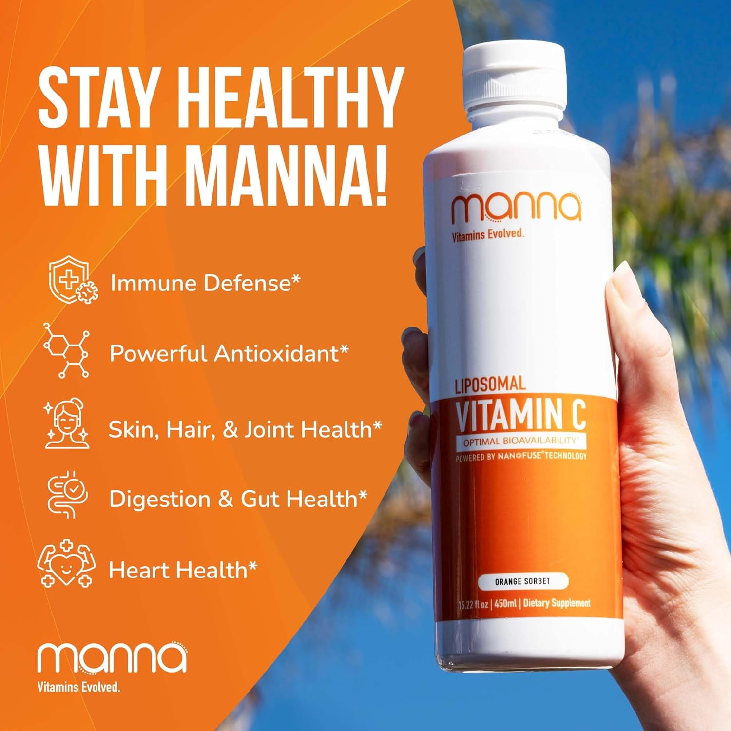 Manna Vitamins Evolved - Liposomal Vitamin C – High Absorption Liquid Immune Support Supplement with Antioxidants – Collagen Booster for Skin, Joints, Heart & Aging – Non-GMO, Vegan, 1000mg