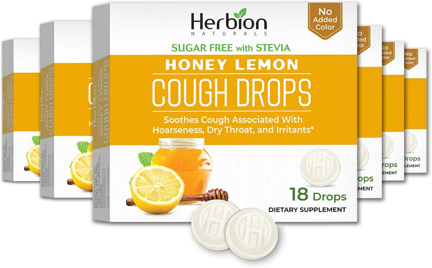 HERBION Naturals Cough Drops, Sugar-Free with Stevia, Dietary Supplement, Soothes Cough, for Adults & Children Over 6 Years, 25 Drops Each, 108 Count, Honey Lemon, Pack of 6