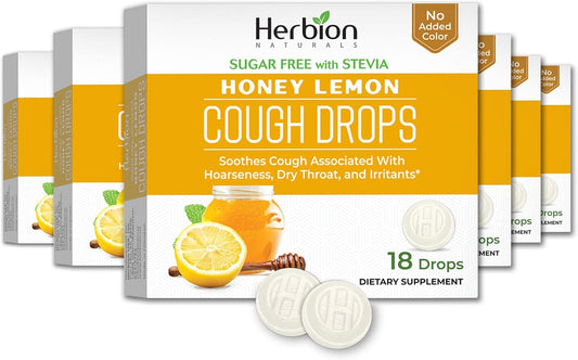 HERBION Naturals Cough Drops, Sugar-Free with Stevia, Dietary Supplement, Soothes Cough, for Adults & Children Over 6 Years, 25 Drops Each, 108 Count, Honey Lemon, Pack of 6