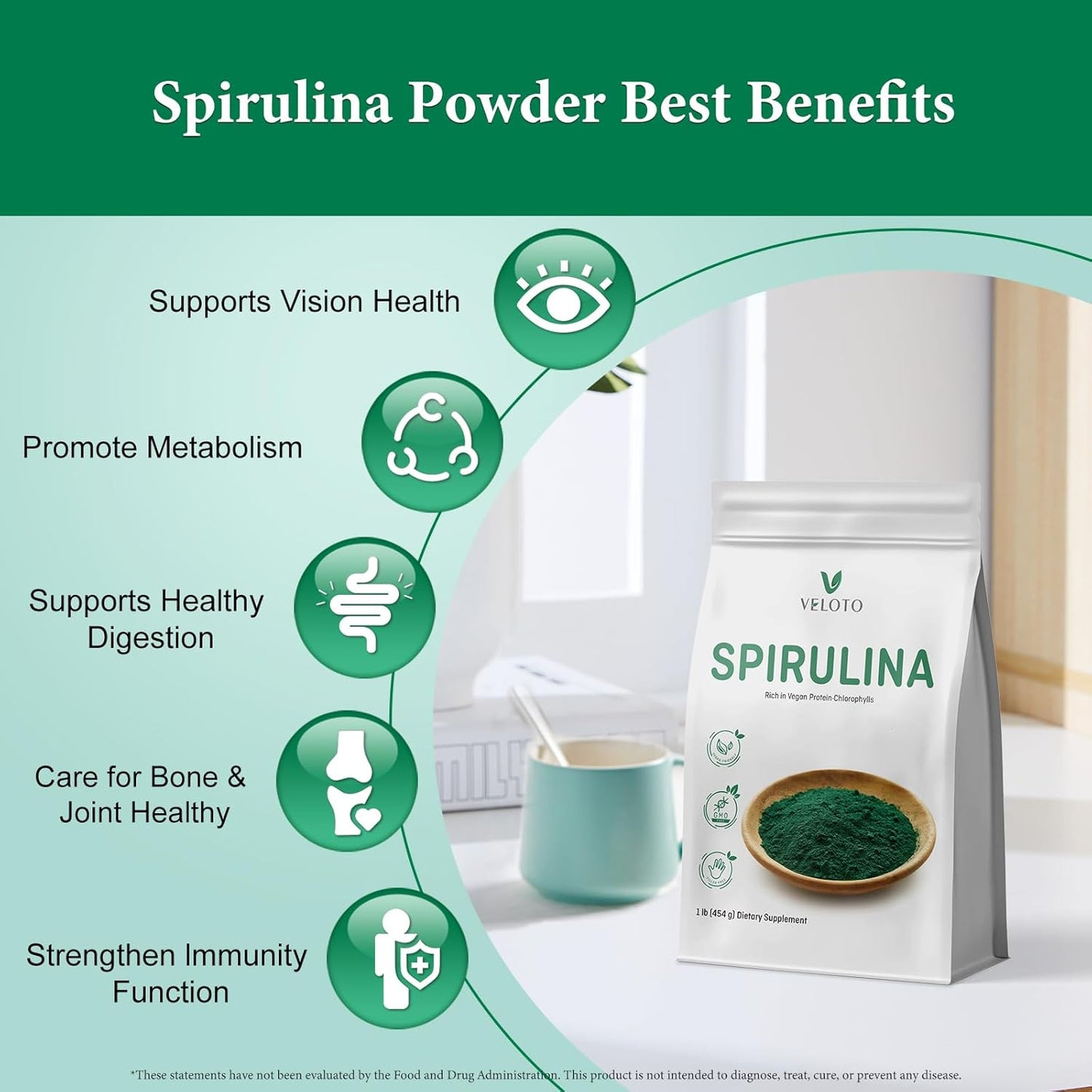 Spirulina Powder, Spirulina Superfood Powder, Natural Antioxidants & Vitamins Supplement, Pure Vegan Protein for Immune Support, Non-GMO. Gluten-Free, 1 Pound (16 Ounce)