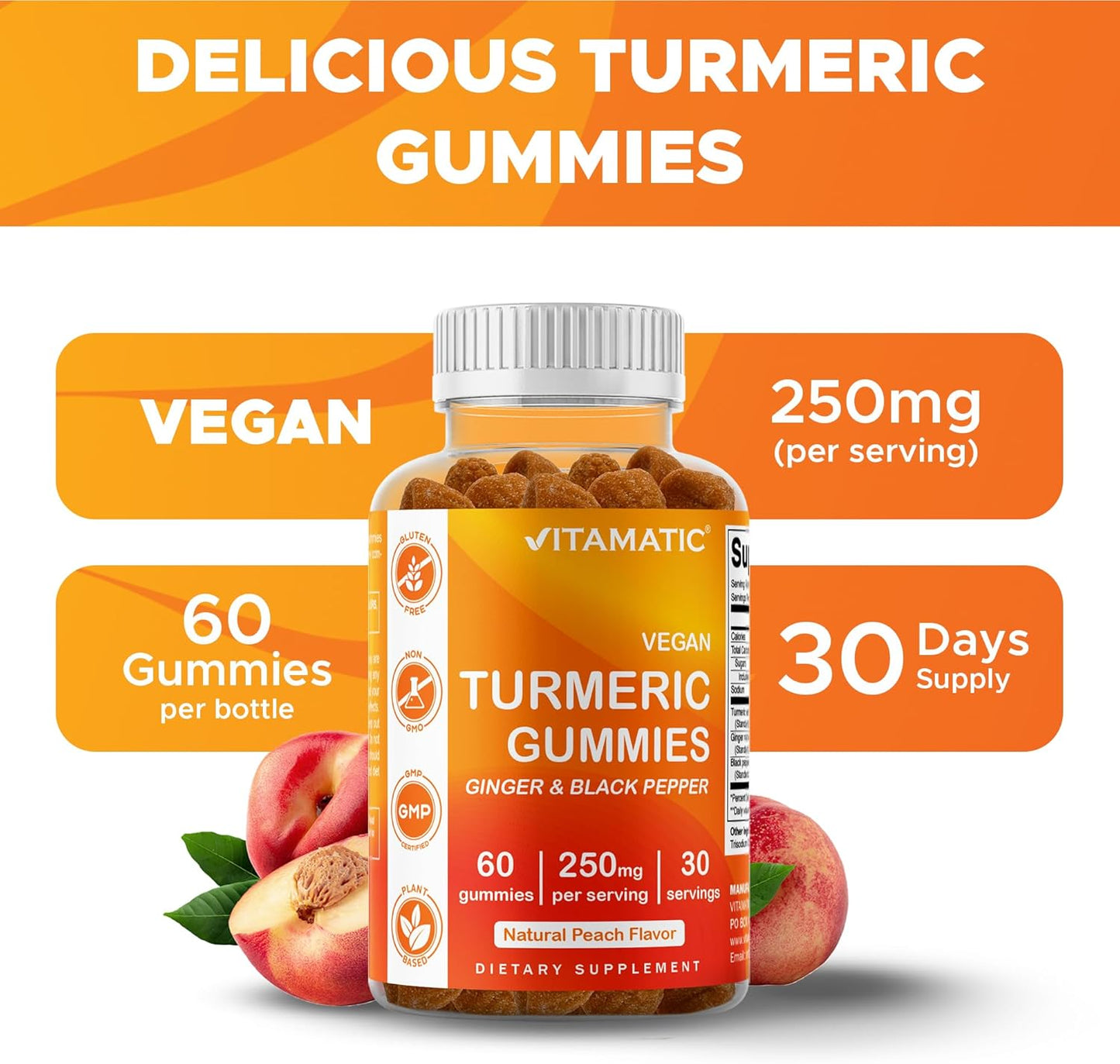 Vitamatic Turmeric Gummy with Ginger & Black Pepper Extract – 60 Vegan Gummies Each | 2 Pack (120 Gummies) 95% Curcuminoids – Powerful Antioxidant & Inflammatory Support