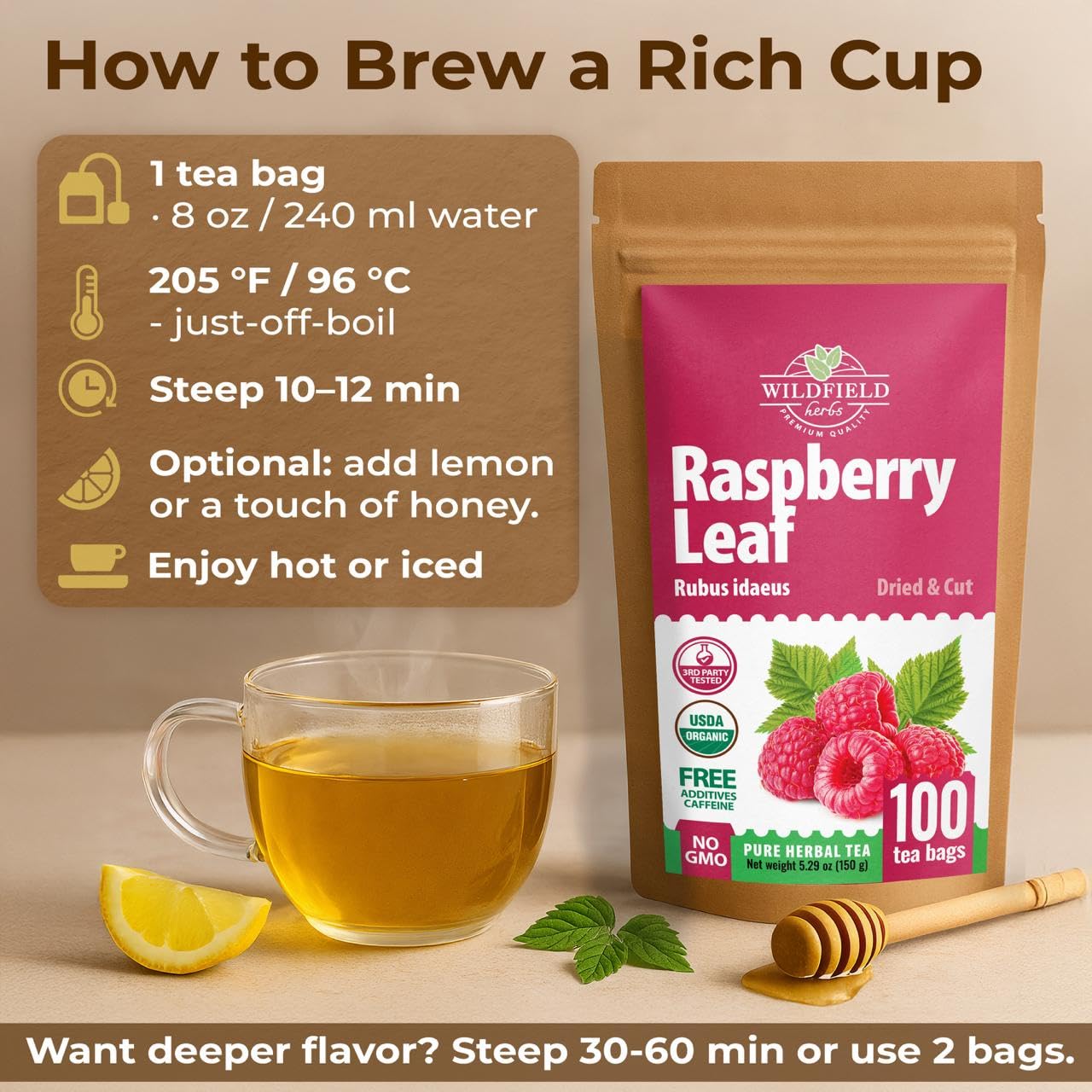 100 Bags Raspberry Leaf Tea Rasberry Leaf Herbs (Rubus Idaeus Folium) - 100 Count 1.5g Bags Rasberry Leave Tea Hojas De Frambuesa