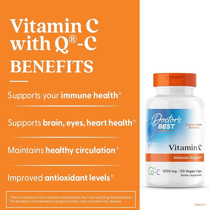 Doctor's Best Vitamin C with Q-C - Vitamin C 1000mg Non-GMO, Vegan, Gluten Free, Soy Free, Sourced from Scotland Veggie Caps, 120 Count