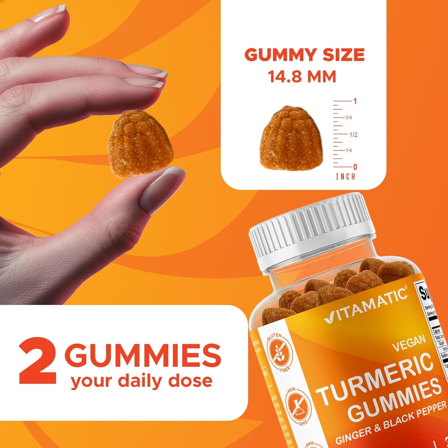 Vitamatic Turmeric Gummy with Ginger & Black Pepper Extract – 60 Vegan Gummies Each | 2 Pack (120 Gummies) 95% Curcuminoids – Powerful Antioxidant & Inflammatory Support