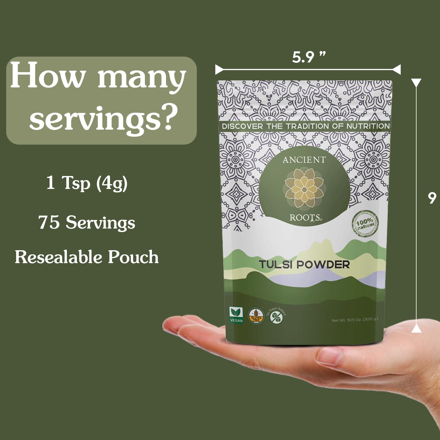 Ancient Roots Tulsi Powder - 100% Pure & Natural, Non-GMO, Gluten-Free, Finely Ground Holy Basil for Teas, Smoothies, and Recipes, 10.5 oz Resealable Bag