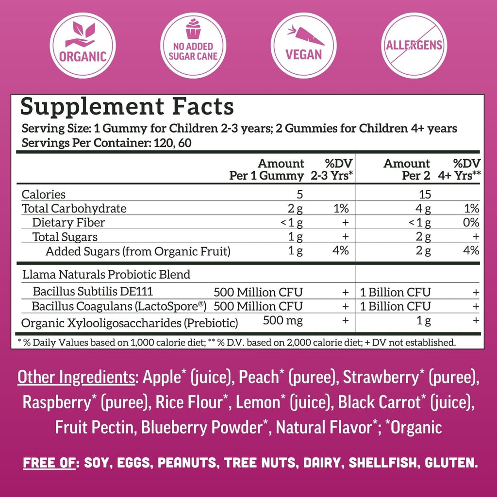 Llama Naturals Kids Probiotic with Prebiotic Fiber, Vegan, Organic Prebiotics and Probiotics Gummies for Gut Health Support, Toddler Real Fruit Gummy Vitamins, No Added Sugar Cane, Mixed Berry, 120 Ct