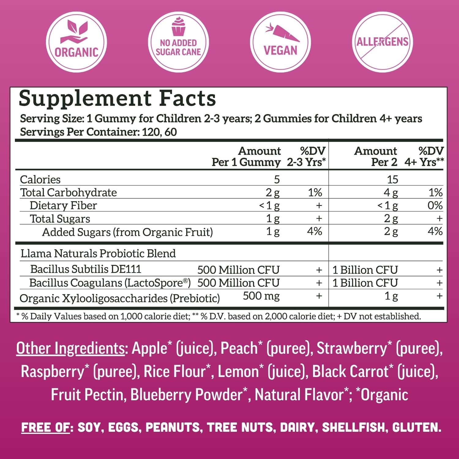 Llama Naturals Kids Probiotic with Prebiotic Fiber, Vegan, Organic Prebiotics and Probiotics Gummies for Gut Health Support, Toddler Real Fruit Gummy Vitamins, No Added Sugar Cane, Mixed Berry, 120 Ct