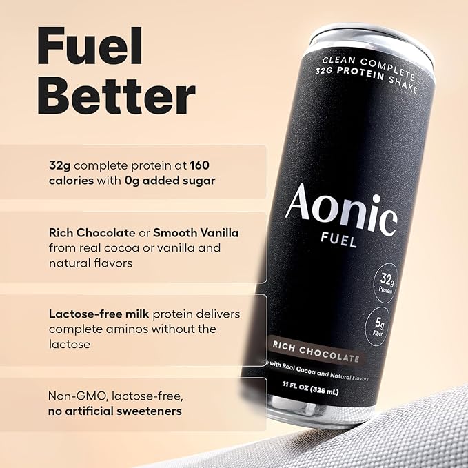 Aonic Fuel 32g Protein Shake, 5g Fiber, Lactose-Free, Complete Amino Acid Profile, No Added Sugar, Made with Real Cocoa, 11 fl oz (Pack of 12) - Rich Chocolate
