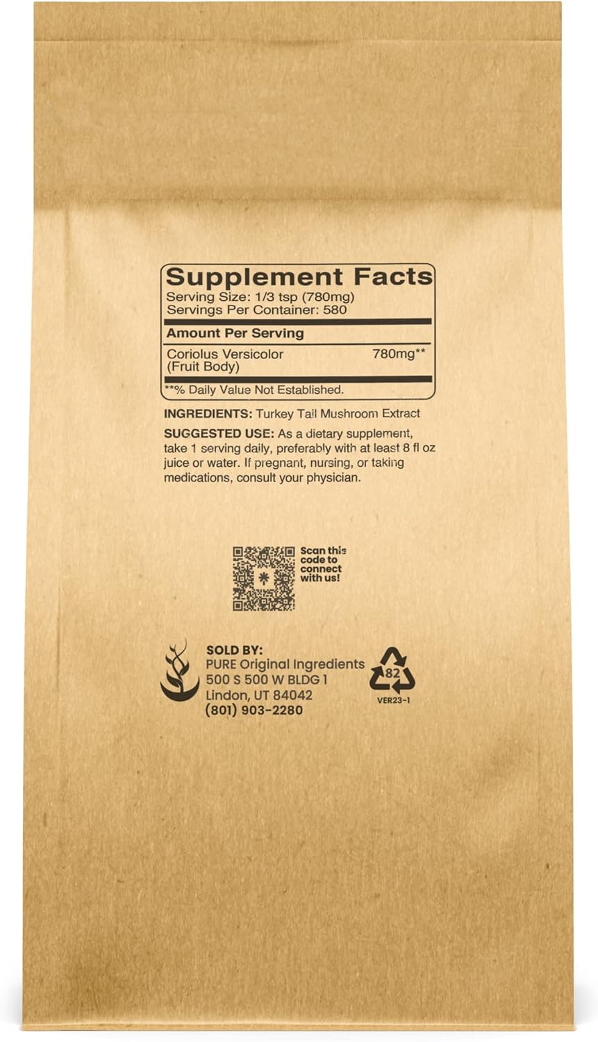 PURE ORIGINAL INGREDIENTS Turkey Tail Mushroom Powder (1lb) Trametes Versicolor, Coriolus Versicolor, Non-GMO