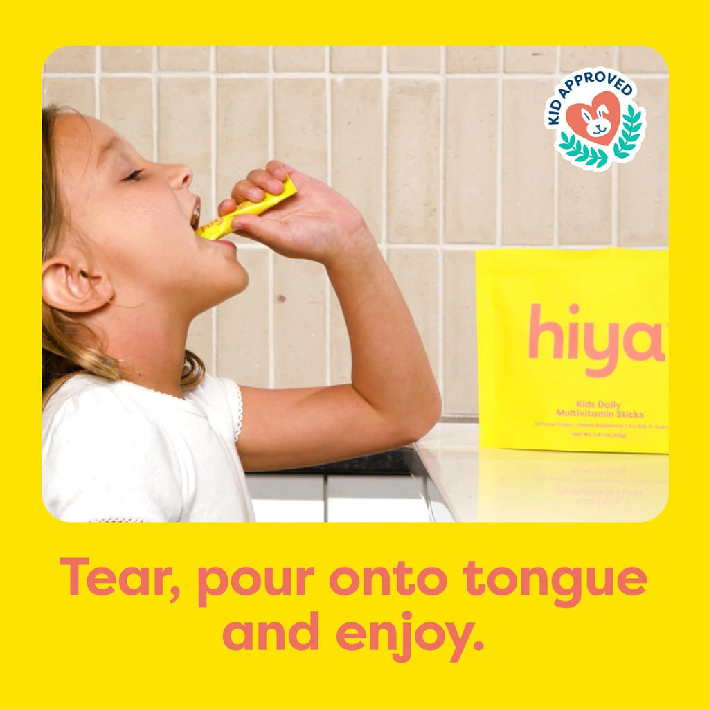 Hiya Kids Multivitamin – 15+ Essential Vitamins & Minerals with Fruits & Veggies for Ages 2+, Supports Growth, Development & Immune, 0g Sugar – 20 Stick Packs for Toddlers & Kids