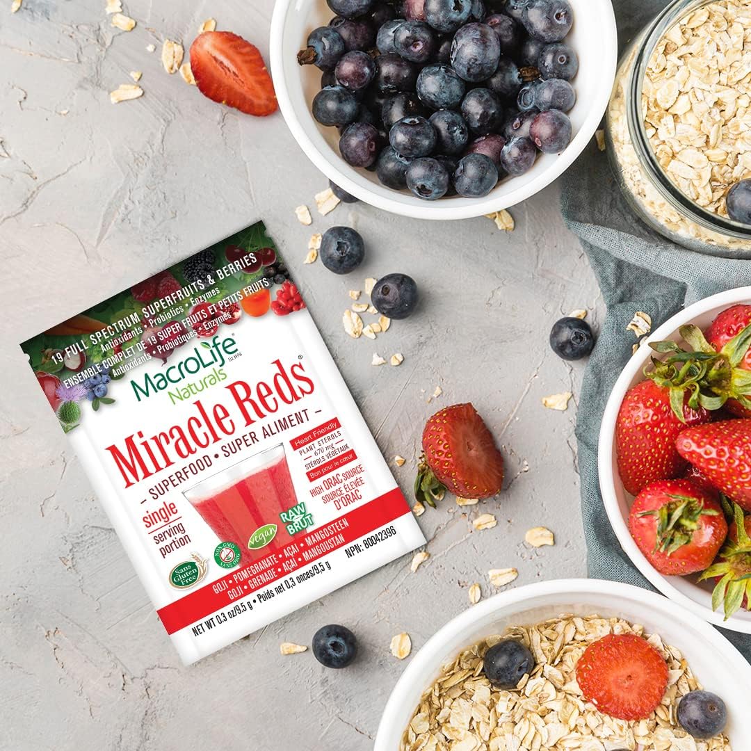 MacroLife Naturals Miracle Reds Superfood Powder 19 Blended Fruit & Berry Polyphenols Enzymes Probiotics & Antioxidants Supplement - Raw Non-GMO & Vegan Whole Food Vitamins - 12 Packet Servings