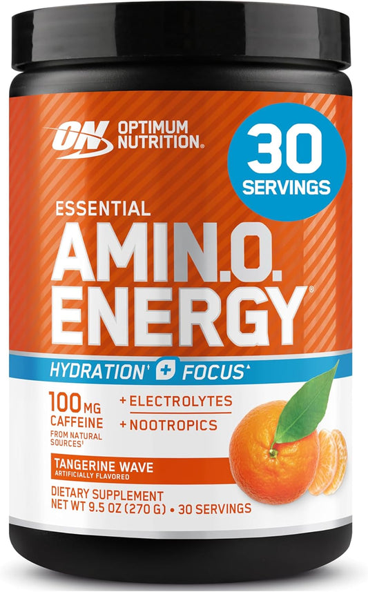 Optimum Nutrition Amino Energy Powder Plus Hydration, with BCAA, Electrolytes, and Caffeine, Tangerine Wave, 30 Servings (Packaging May Vary)