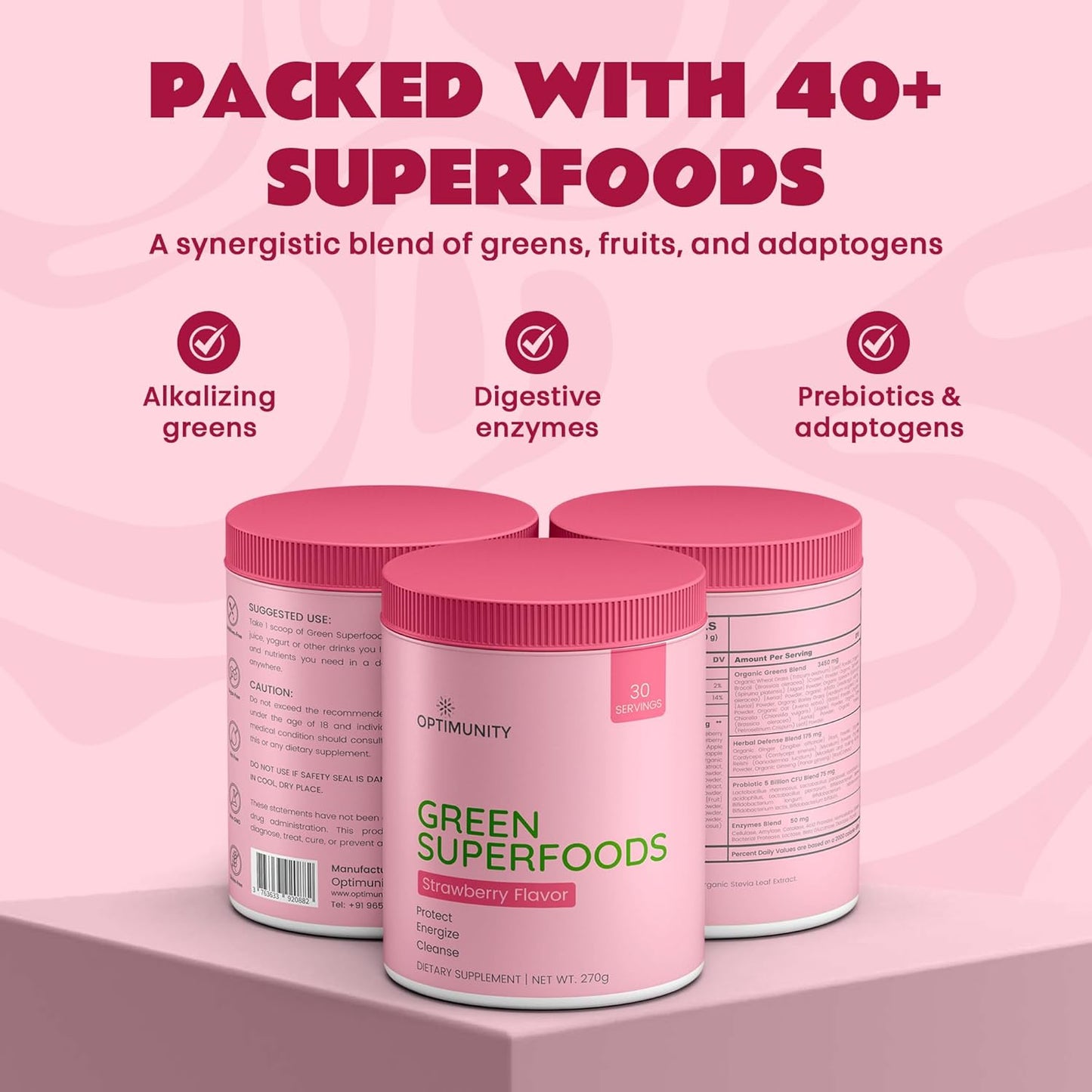 Green Superfoods Powder - Unflavored – Organic Greens Blend with Spirulina, Probiotics & Digestive Enzymes – Detox, Immune & Gut Health Support – 30 Servings (30 Servings, Strawberry)