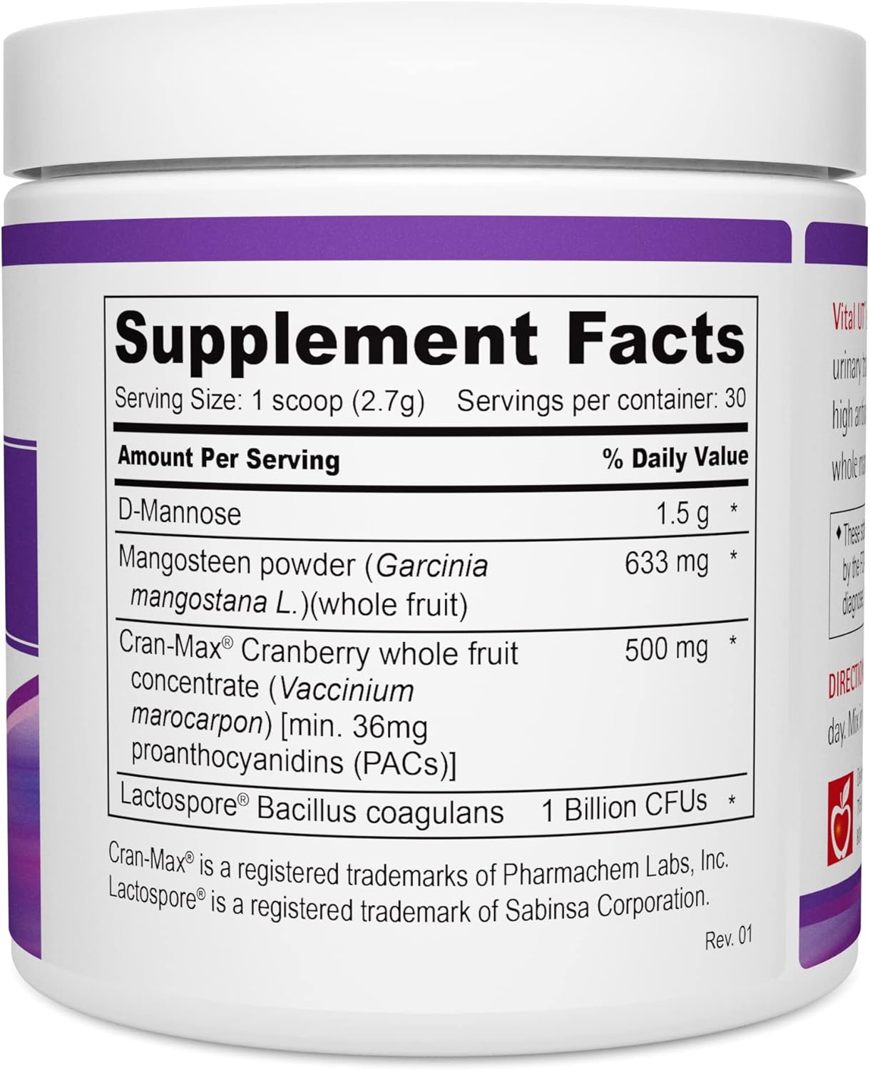 Vital UT Powder with D-Mannose, Cran-Max Cranberry, LactoSpore Probiotic for Urinary Tract and Bladder Health, 36mg PACs and 1 Billion Spore Probiotics Per Scoop (30 Servings)