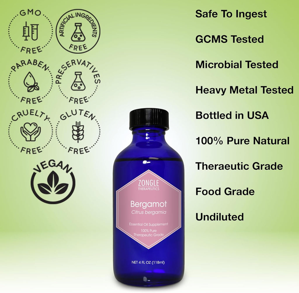 Bergamot Essential Oil, Food Grade, for Tea – 100% Pure, Bergamot Oil, by Zongle Therapeutics, 4 OZ