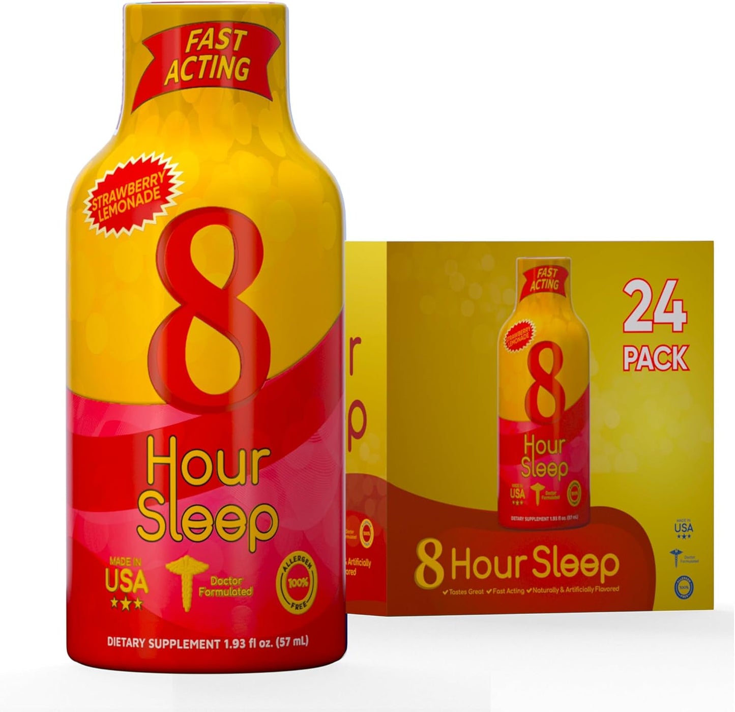 Vitamin Energy 8 Hour Sleep Shot Strawberry Lemonade 24 Pack, Melatonin, 5-HTP, GABA, Valerian, Lavender, Nighttime Relaxation & Sleep Support Supplement, Zero Sugar, Vegan, Gluten-Free, Kosher, 1.93 fl oz