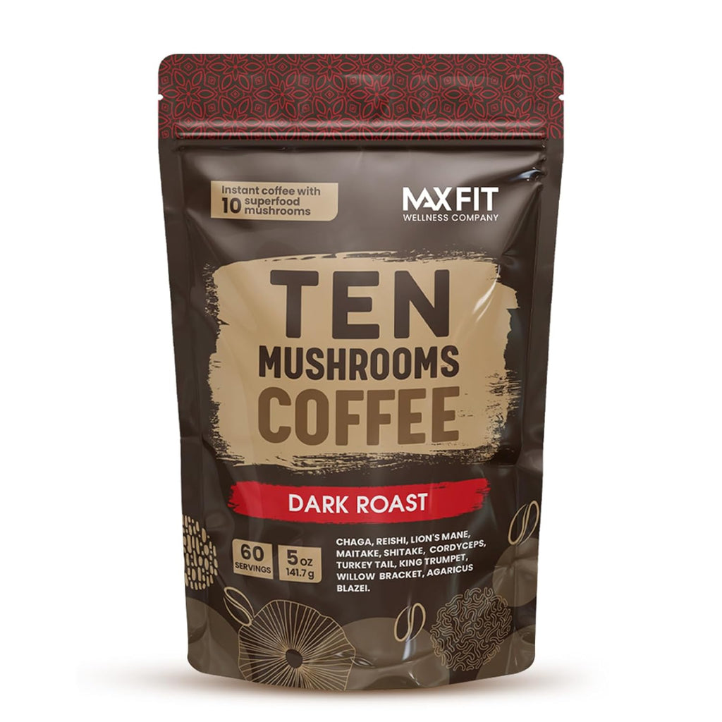 Instant Mushroom Coffee Dark Roast (60 Servings) With 10 Mushrooms (Lions Mane, Cordyceps, Turkey Tail & Other) Mixed With Gourmet 100% Arabica Instant Coffee for Focus & Gut Health Support