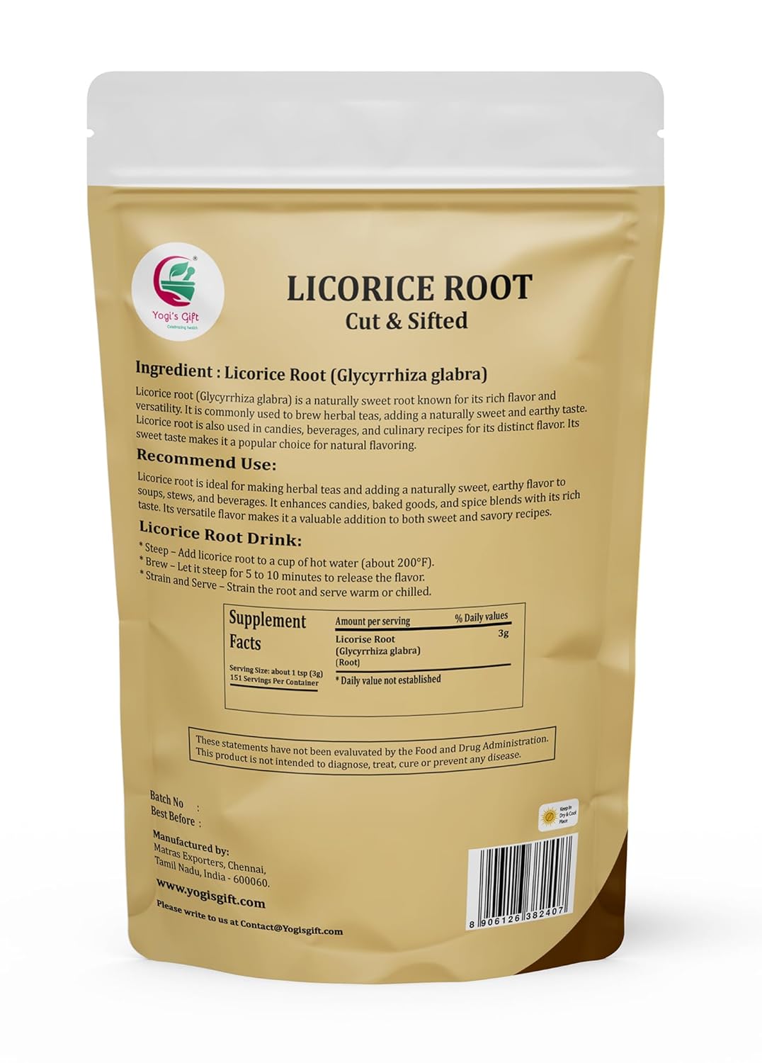 Licorice Root 1 LB, Cut and Sifted, 100% Pure & Natural Dried Licorice Root, Premium Quality, Ideal for Tea, Herbal Blends, and Wellness Uses - By Yogi’s Gift®