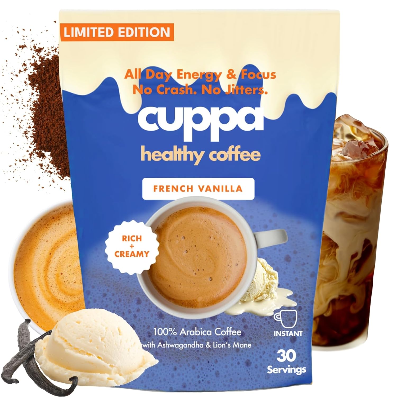 Cuppa French VanillaHealthy Mushroom Instant Coffee with Lion's Mane & Ashwagandha for All Day Energy & Focus - No Crash or Jitters - Nootropics for Brain Health, Gut Health, Immunity, Stress, Memory + Mood - 30 Servings