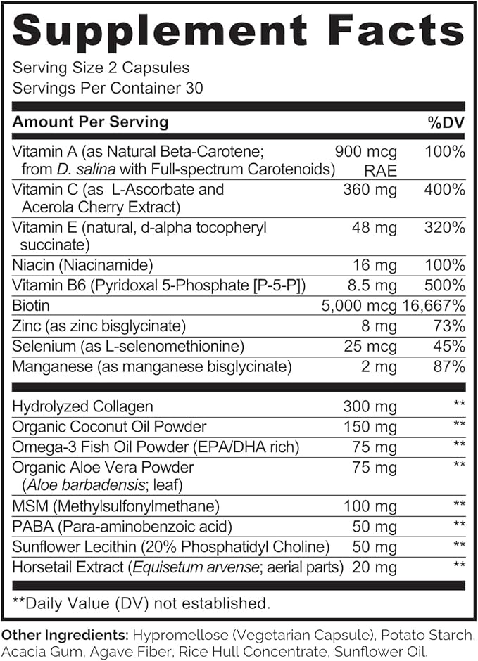 NATURELO Hair, Skin and Nails Vitamins - 5000 mcg Biotin, Collagen, Natural Vitamin E - Supplement for Healthy Skin, Hair Growth for Women and Men – 60 Capsules