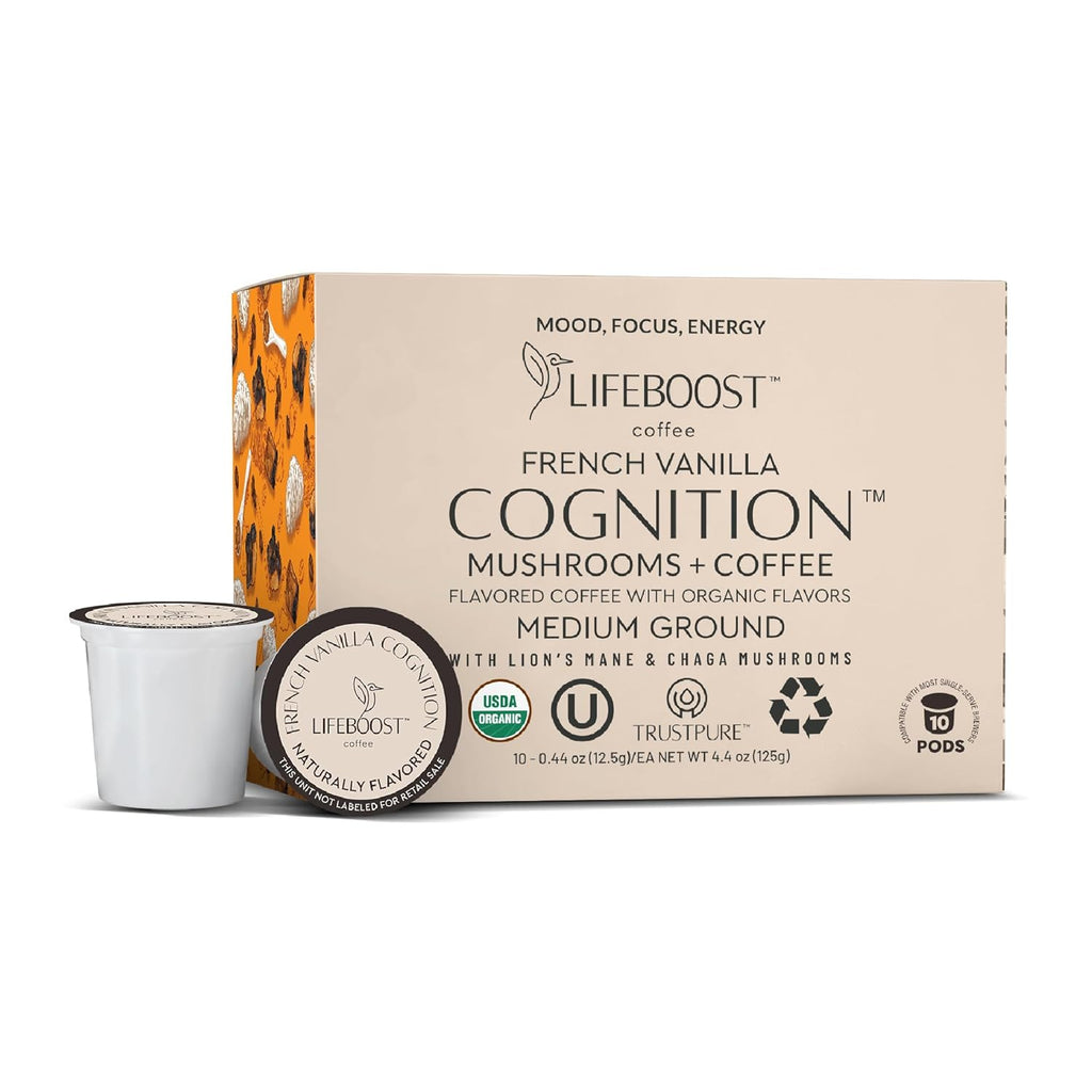 Lifeboost French Vanilla Cognition Mushroom Coffee Pods - Low Acid Organic K-Cups with Lion’s Mane & Chaga Nootropic Mushrooms for Focus, Energy & Immune Support - 10 Count