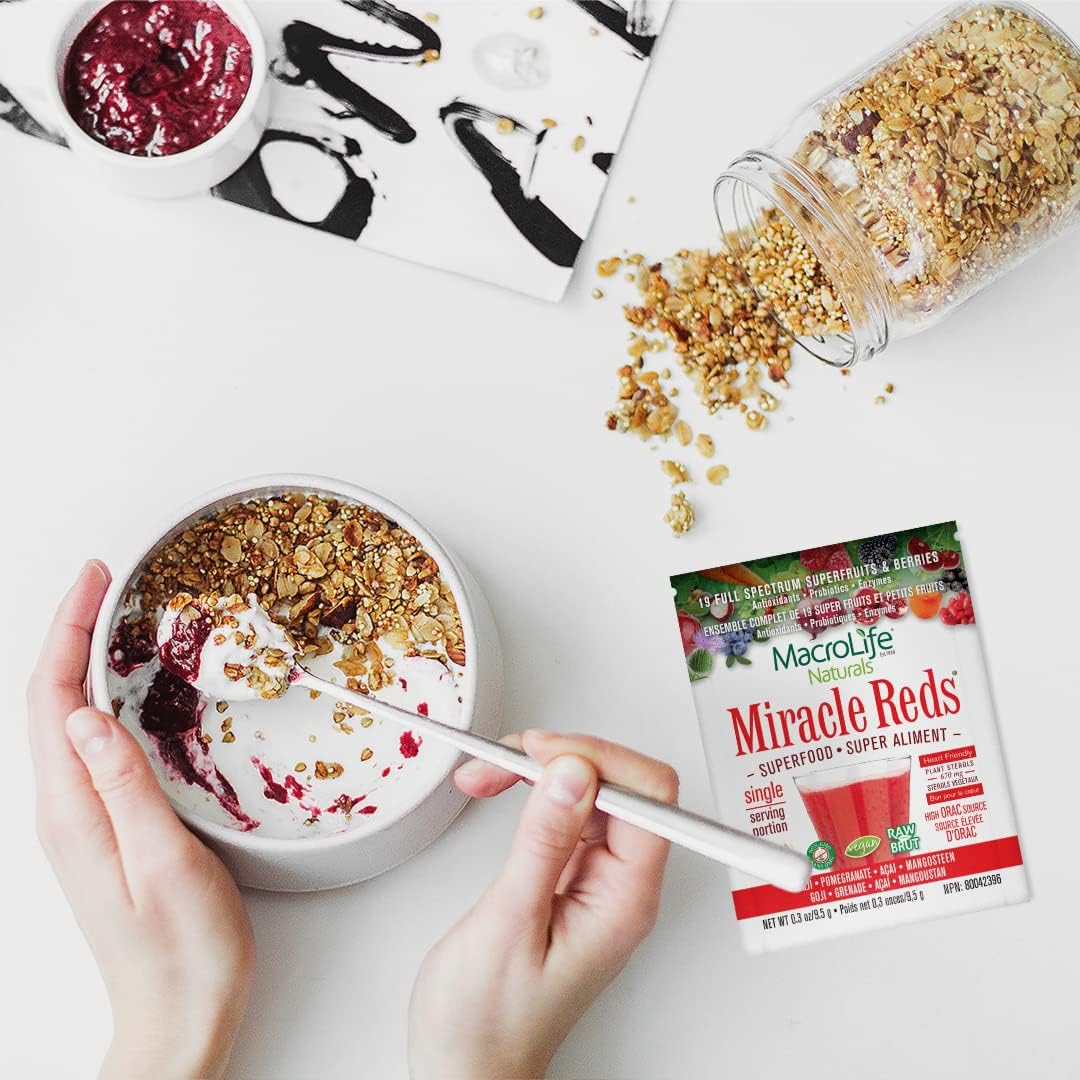 MacroLife Naturals Miracle Reds Superfood Powder 19 Blended Fruit & Berry Polyphenols Enzymes Probiotics & Antioxidants Supplement - Raw Non-GMO & Vegan Whole Food Vitamins - 12 Packet Servings