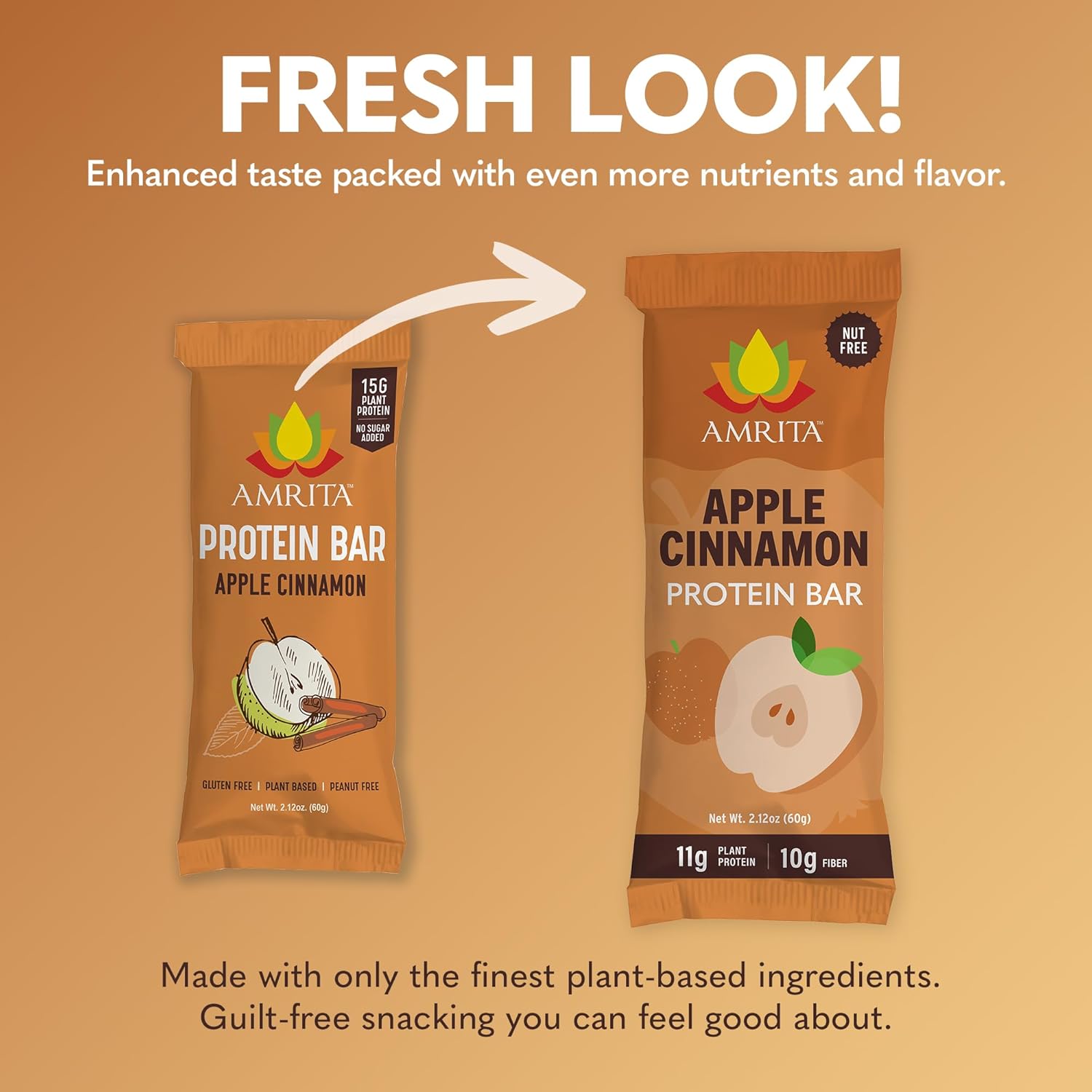 Amrita Nut Free Apple Cinnamon Vegan Protein Bars (12 Count) | 11g Plant-Based Protein Bar | Peanut Free, Gluten Free, and Dairy Free | Low Sugar, High Fiber, Healthy School-Safe Snacks