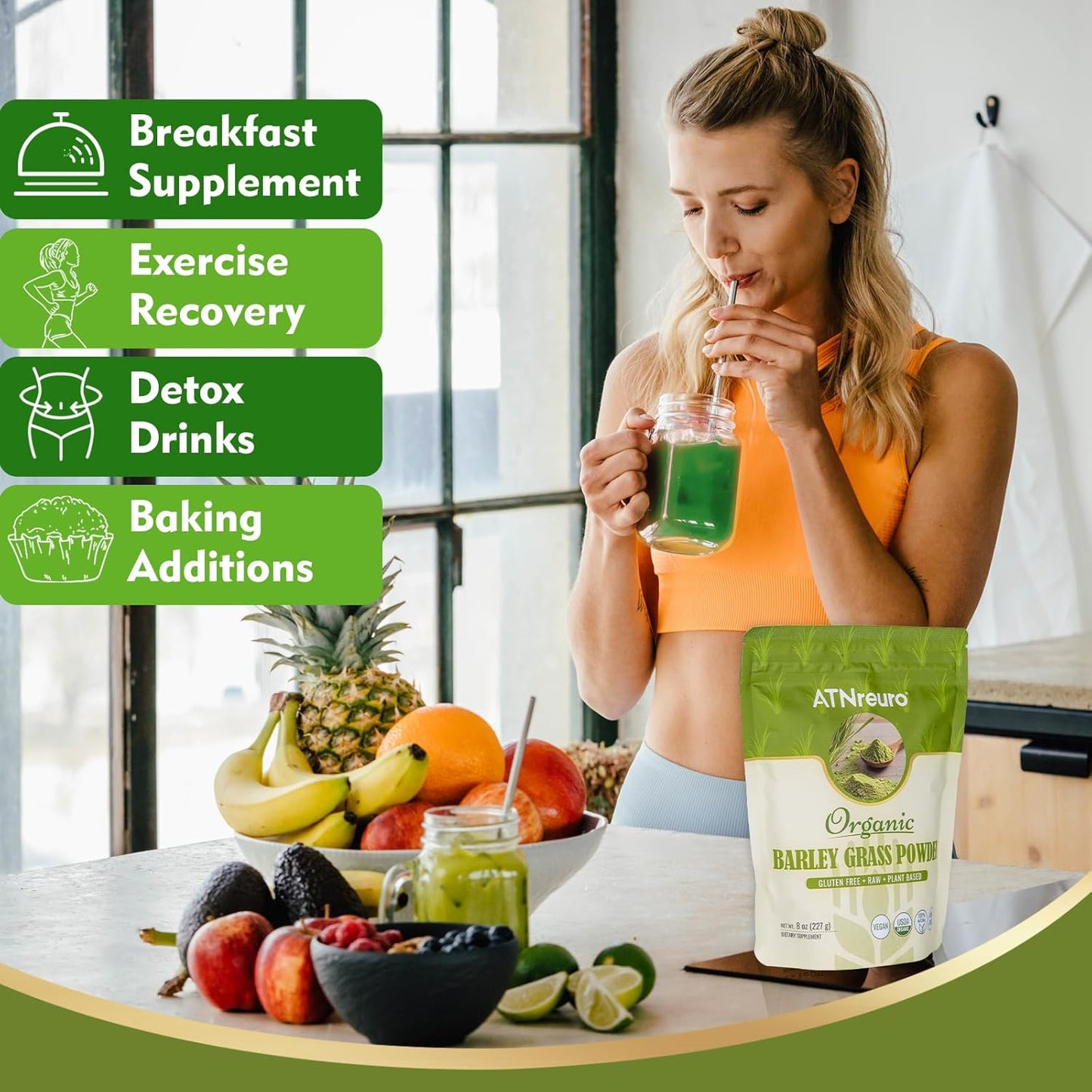 Organic Barley Grass Powder, 100% USDA Certified - Rich in Vitamins, Minerals & Chlorophyll, Natural Detox, Digestive Health & Energy Boost - 8 oz, Vegan, Non-GMO, Gluten-Free