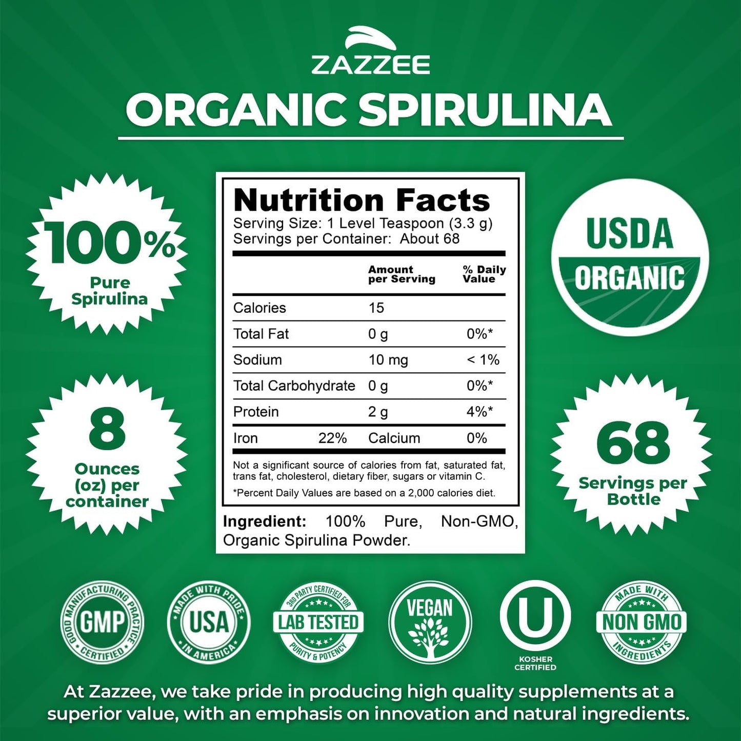 Zazzee Organic Spirulina Powder, 8 Ounces, USDA Certified, 68 Servings, 100% Pure, Kosher, Non-Irradiated, Mess-Free Wide Mouth Container, Fresh Smell and Neutral Taste, Non-GMO, Gluten-Free