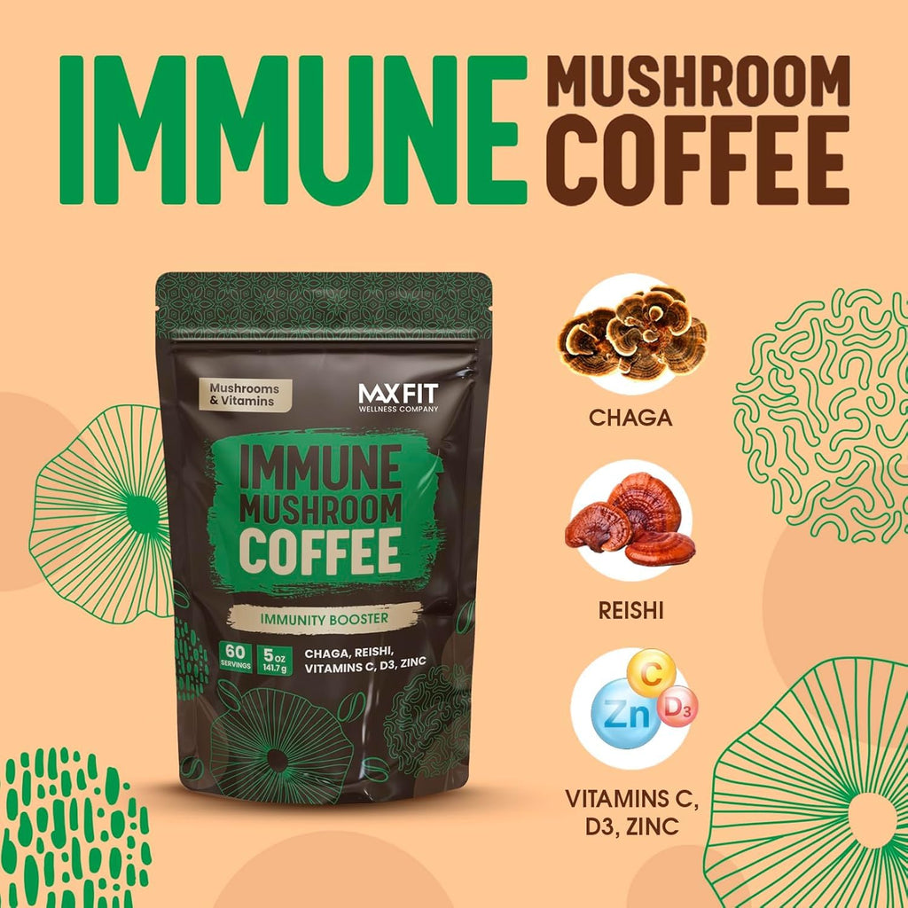 Immunity Mushroom Coffee (60 Servings) Mental Focus Plus Wellness Boost for Immune System Support - Chaga, Reishi & Vitamins C, D3, and Zinc, Mixed with Gourmet 100% Arabica Instant Coffee