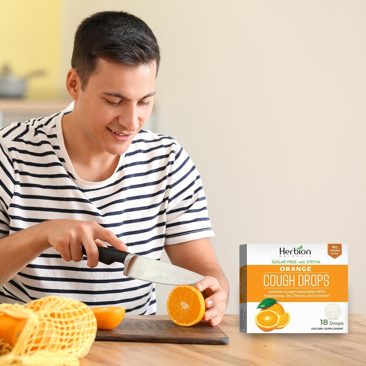 HERBION Naturals Cough Drops, Sugar Free with Stevia, Dietary Supplement, Soothes Cough, for Adults & Children Over 6 Years,18 Count, Orange, Pack of 1