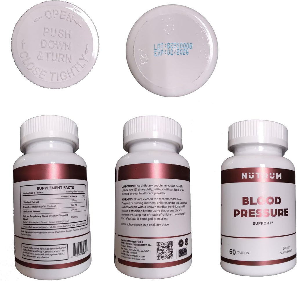 Blood Pressure Support, Vegan Dietary Supplement for Normal Heart and Circulatory Health, Natural Herbal Wellness Formula with Olive Leaf, Grape Seed, and Garlic Bulb Extract, 60 Tablets