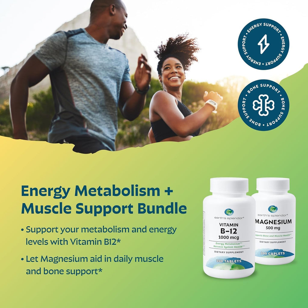 Earth's Splendor Energy + Muscle Support Energy Supplements: Vitamin B12 & Magensium, Gluten & Wheat Free, No Artificial Flavors & Preservative: Helps Metabolism, Bone & Muscle Health