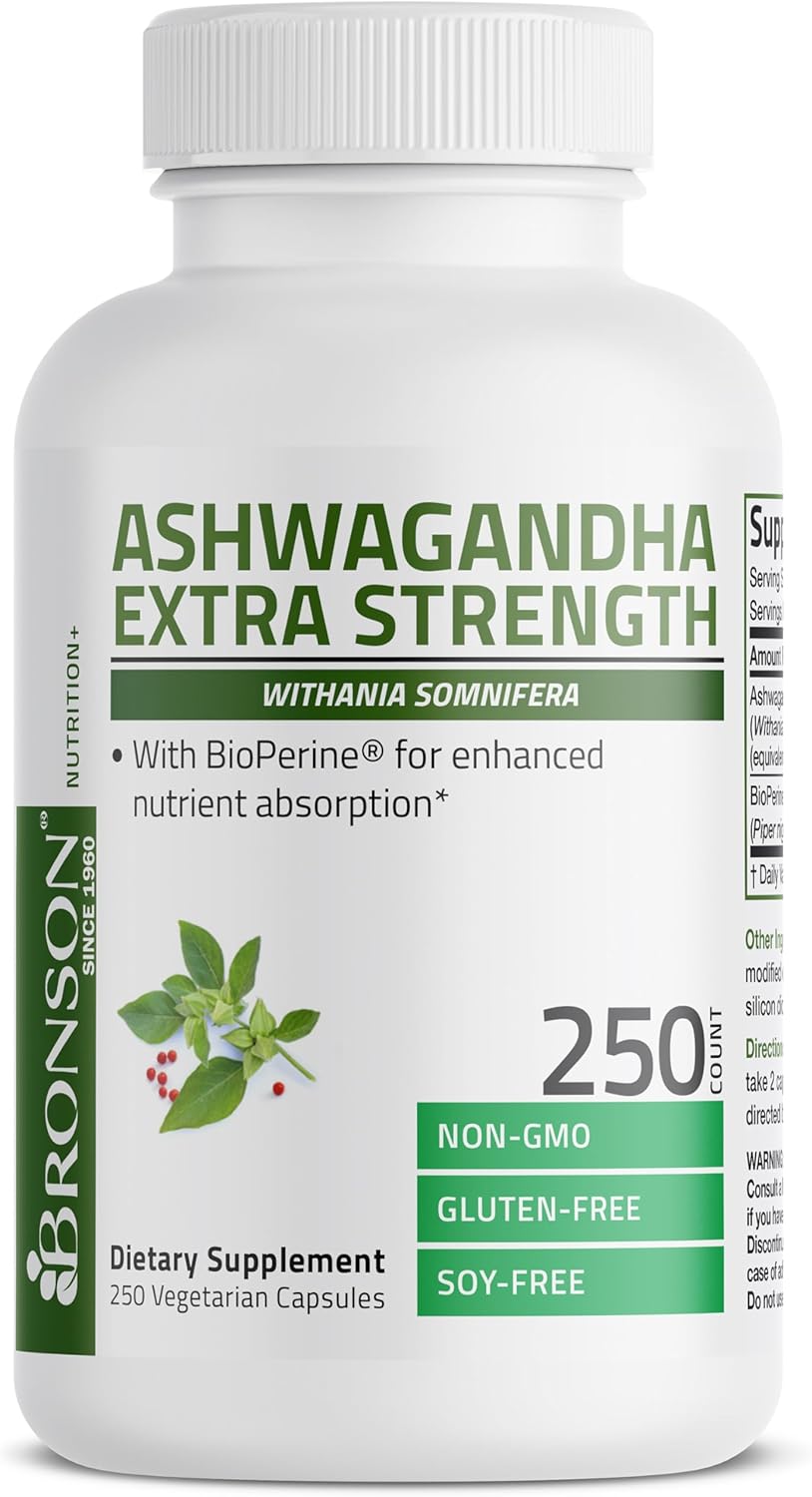 Bronson Ashwagandha Extra Strength Stress & Mood Support with BioPerine - Non GMO Formula, 250 Vegetarian Capsules