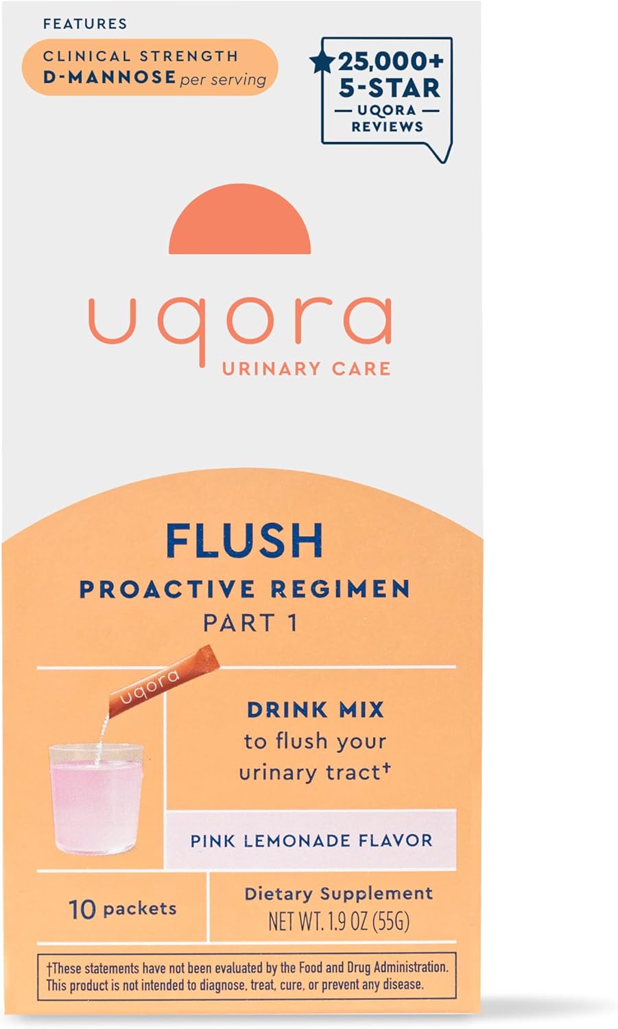 Uqora Flush - Urinary Tract* with D-Mannose, Vitamin C, Vitamin B6, Potassium, Magnesium & Calcium - Gluten-Free & Vegan - Pink Lemonade Flavor - 10 Packets (1 Pack)