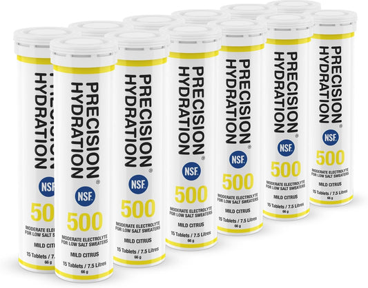 Precision Hydration Electrolyte Tablets - Multi Strength Effervescent Hydration Tablets - Combats Cramp - Low Calorie, Gluten Free, Vegan/Vegetarian Friendly (12 Tubes, 500mg/L - Yellow Tube)