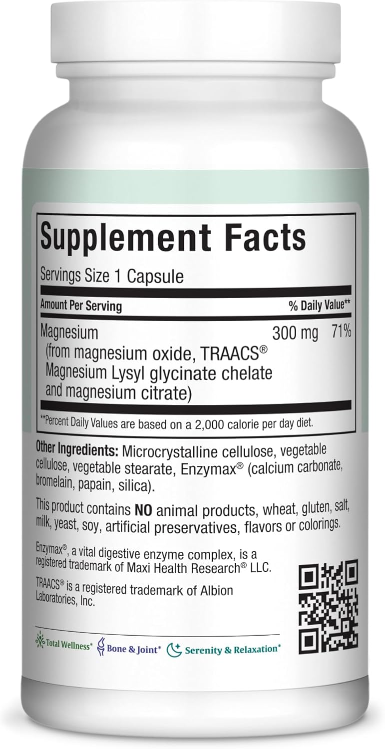 Magnesium Capsules - Energy Production - Muscle & Nerve Health - Bone Support - Magnesium Supplement from Magnesium Oxide, Magnesium Glycinate Chelate and Magnesium Citrate - 180 Count by Maxi Health