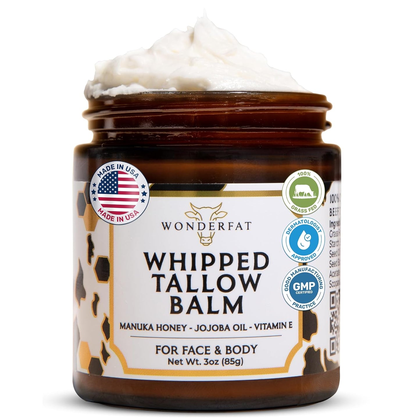 Grass-Fed Whipped Tallow Balm – Face & Body Moisturizer with Manuka Honey – Lightweight, Fast-Absorbing Hydration for Dry, Sensitive Skin – Unscented, Clean Formula – 3 oz